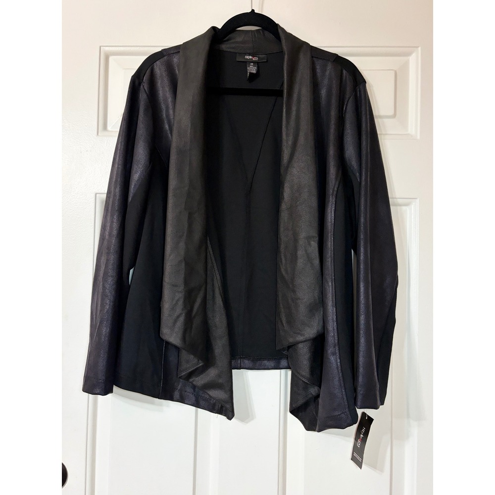Style & Co | Faux Leather Draped Open Front Jacket | 3X || Black|